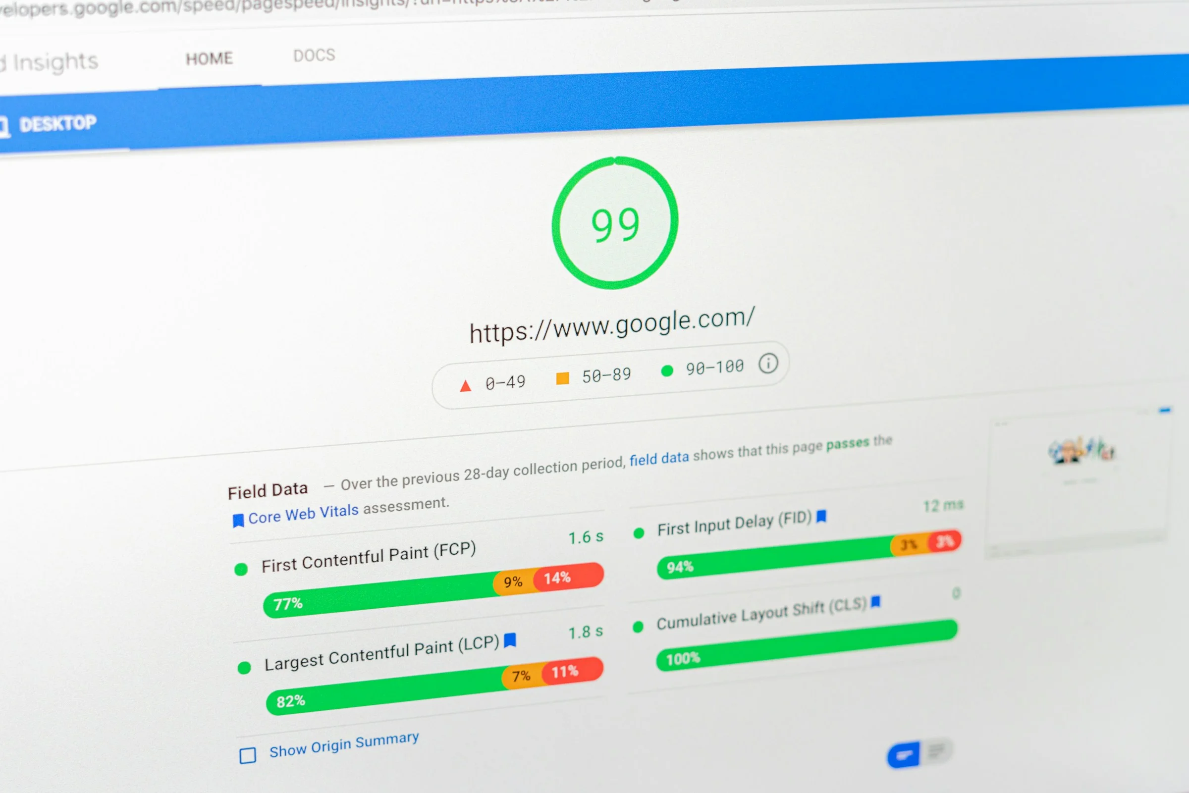 Capture d'écran du site PageSpeed Insight