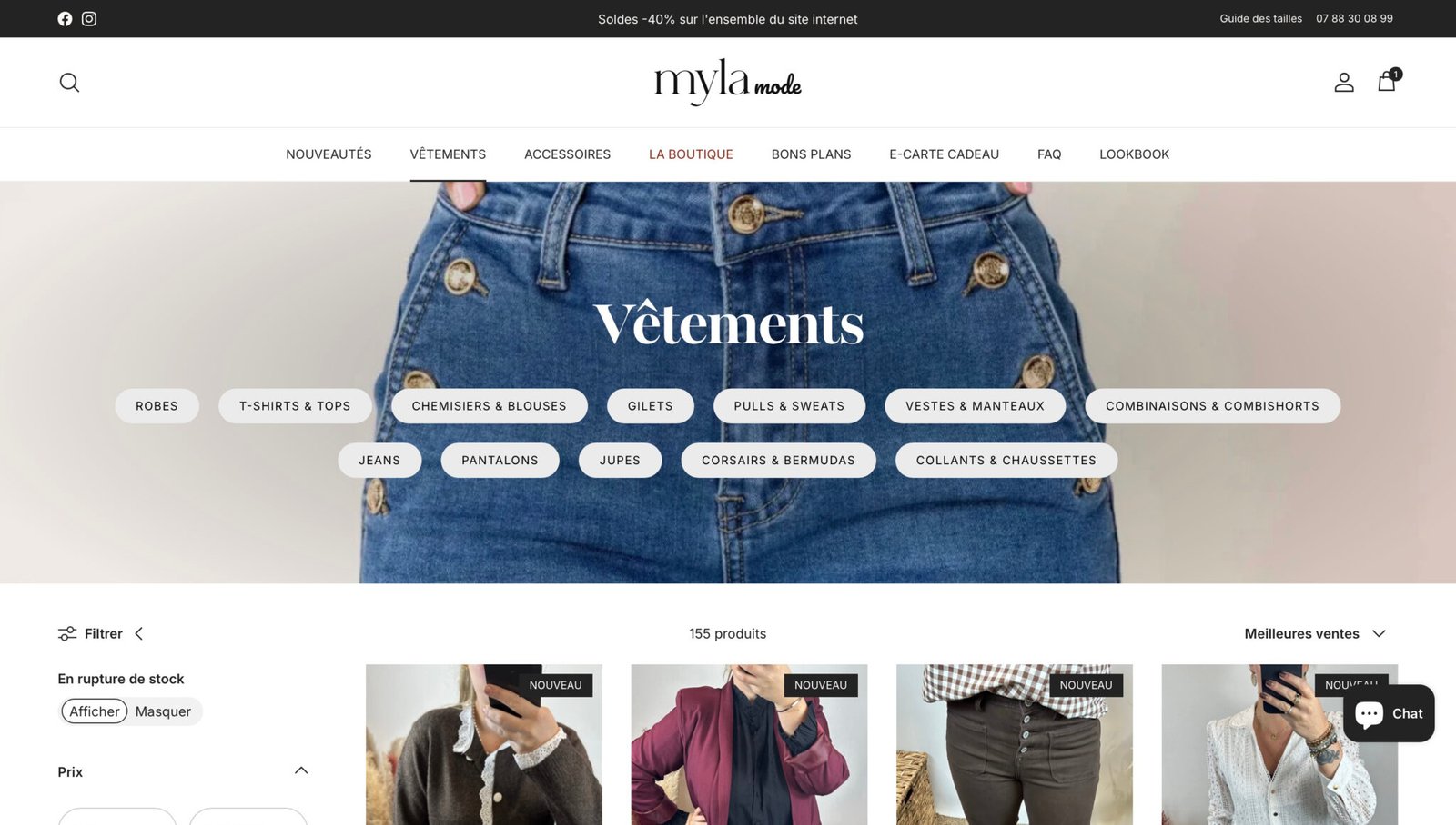 Page d'accueil de la boutique en ligne Myla'Mode